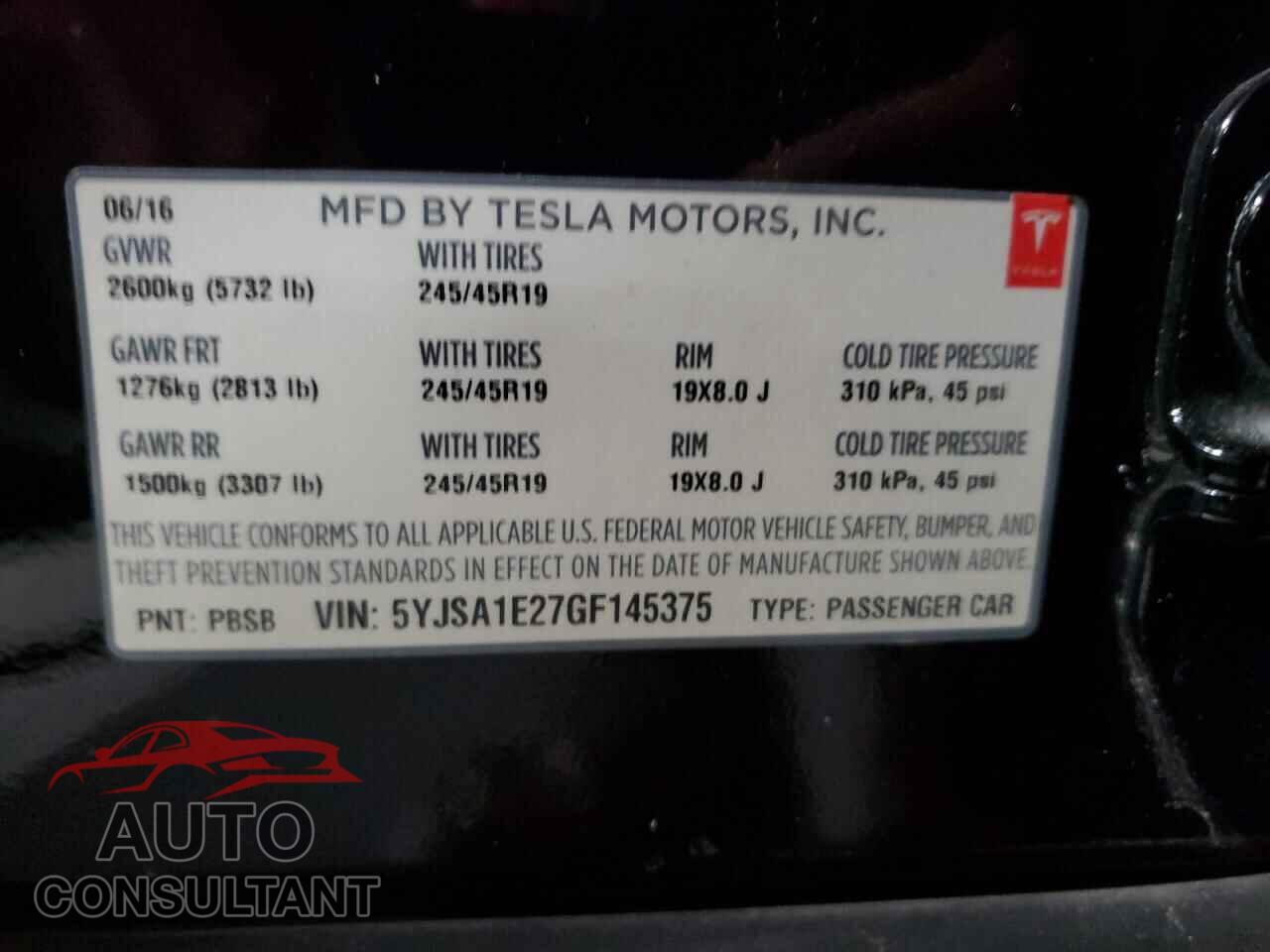 TESLA MODEL S 2016 - 5YJSA1E27GF145375