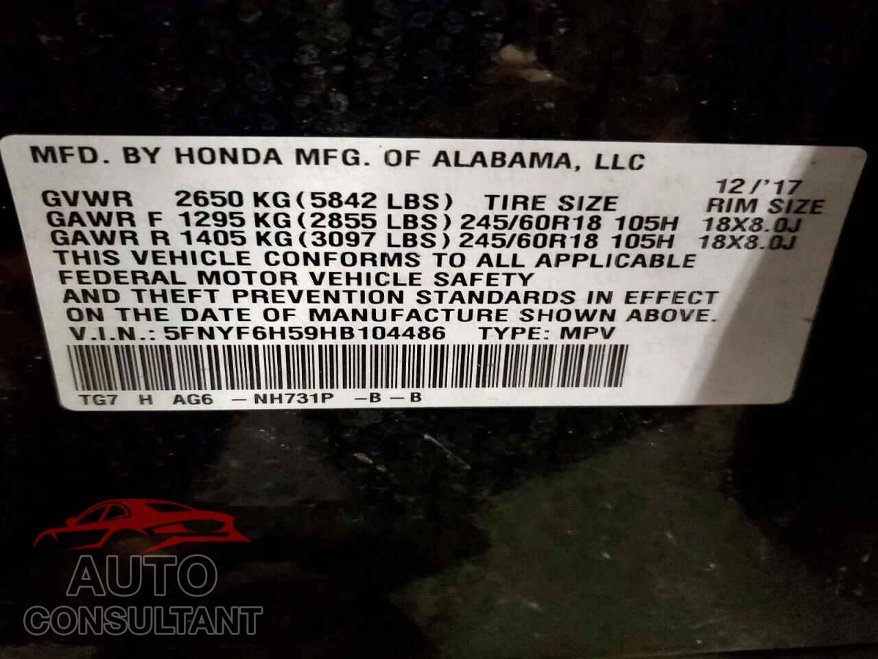 HONDA PILOT 2017 - 5FNYF6H59HB104486