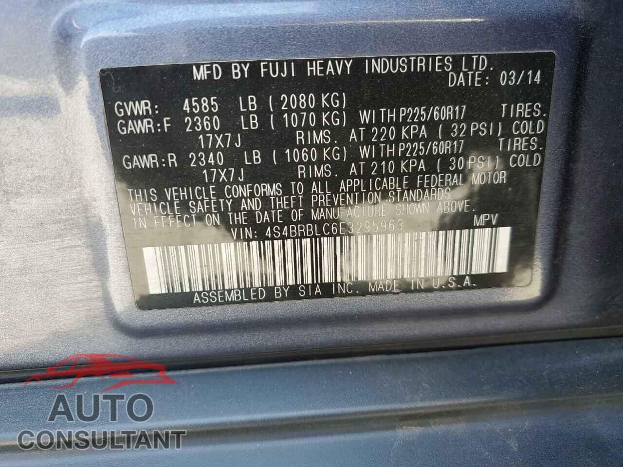 SUBARU OUTBACK 2014 - 4S4BRBLC6E3295963