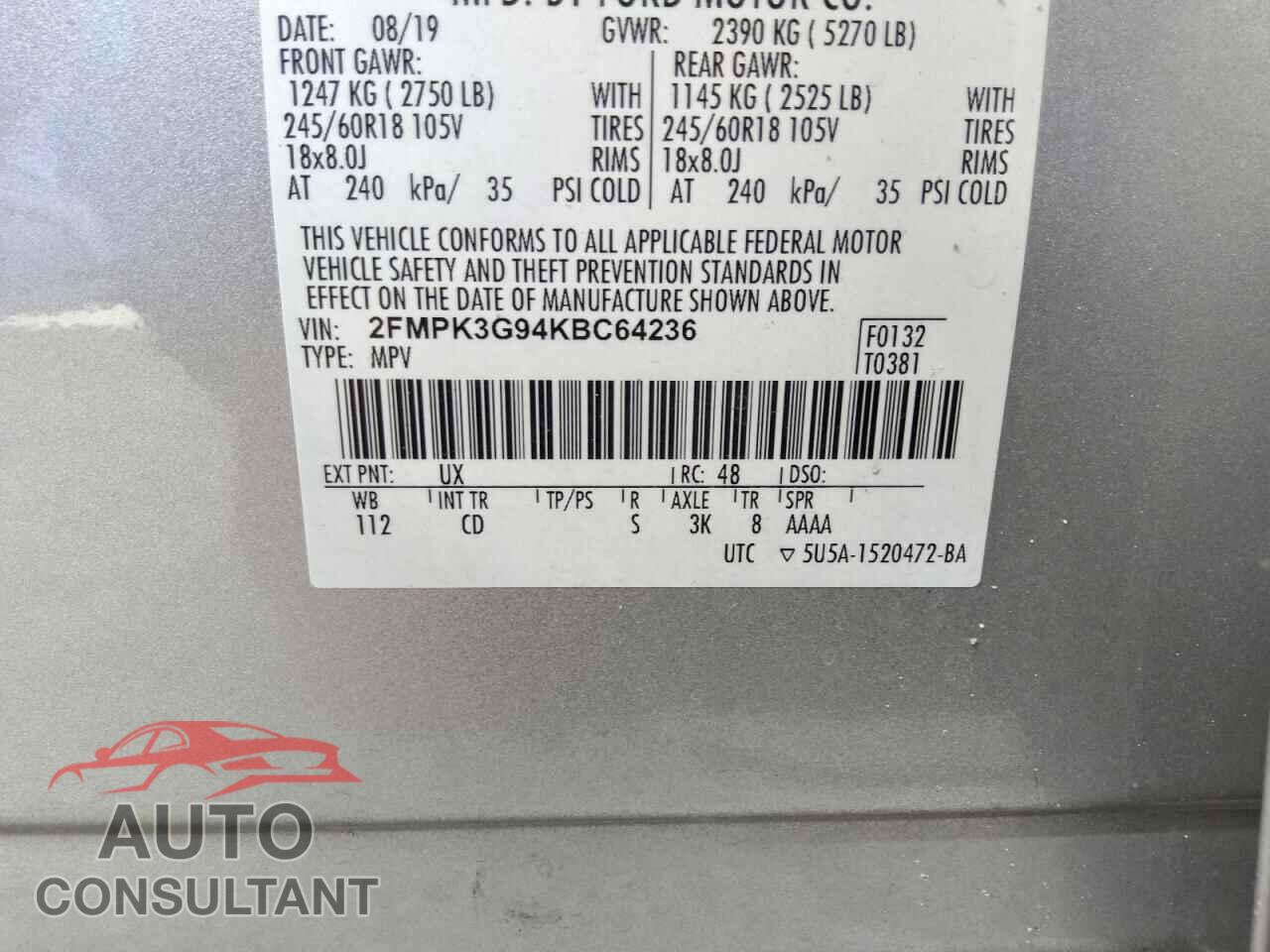 FORD EDGE 2019 - 2FMPK3G94KBC64236