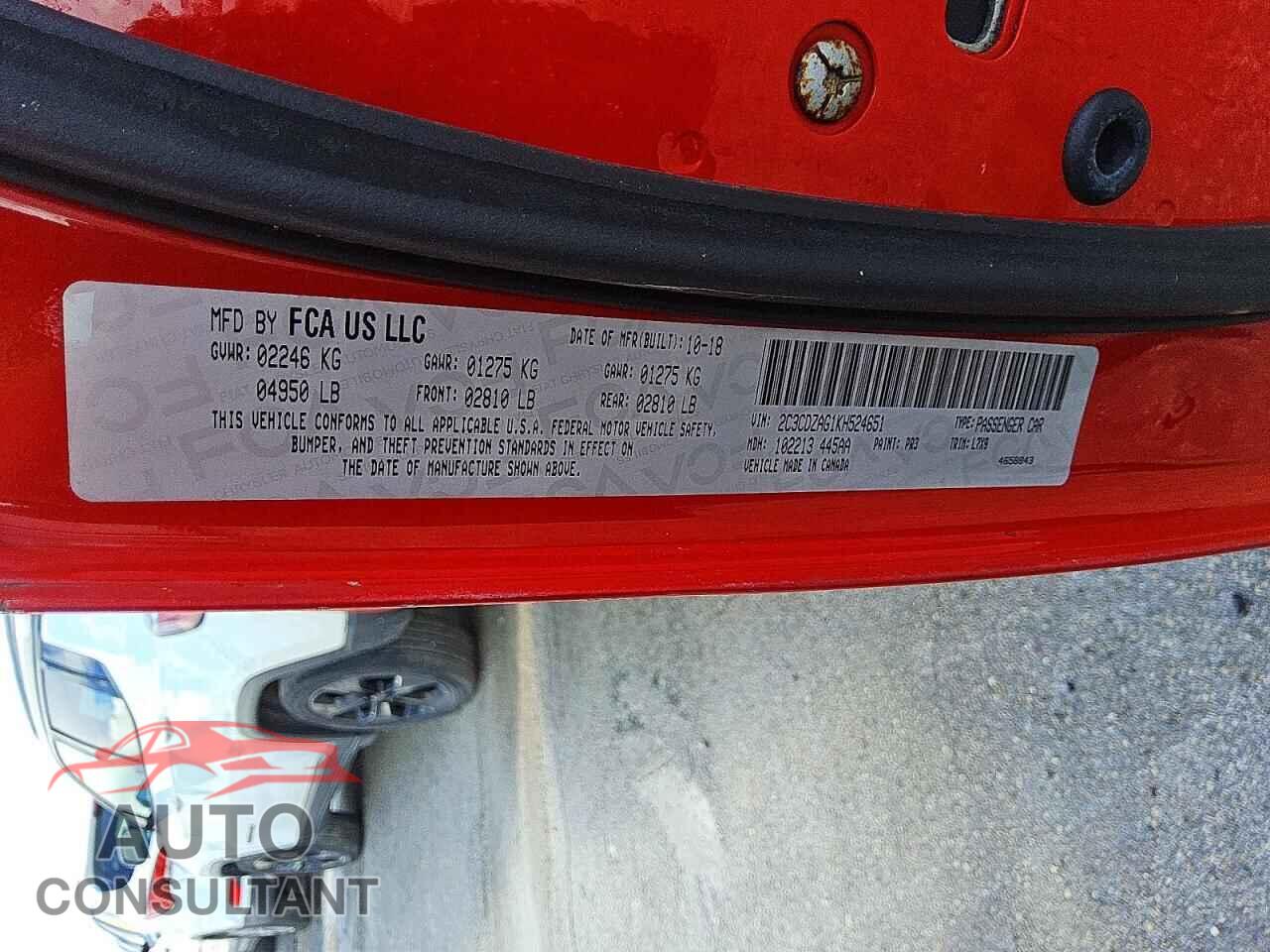 DODGE CHALLENGER 2019 - 2C3CDZAG1KH524651