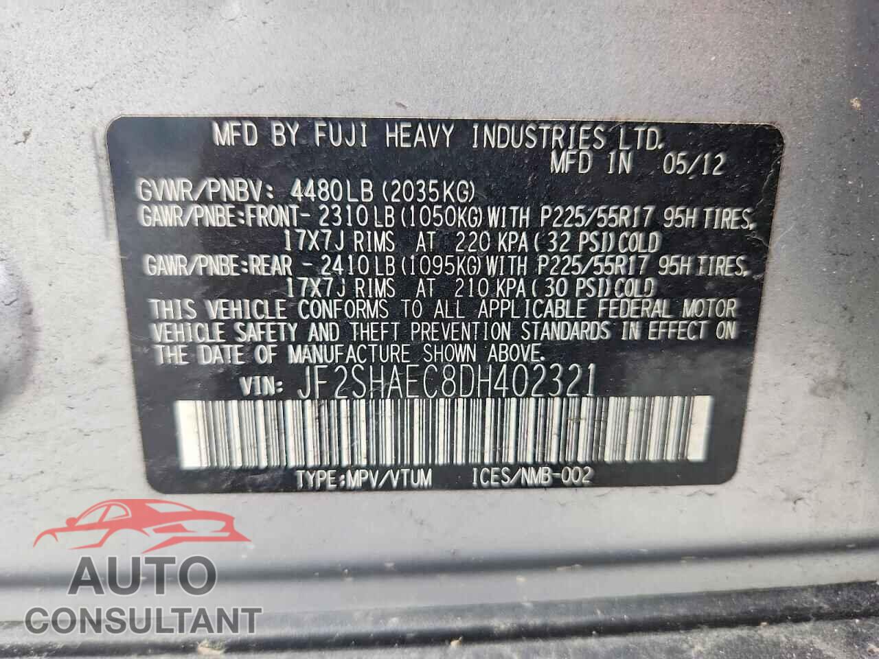 SUBARU FORESTER 2013 - JF2SHAEC8DH402321