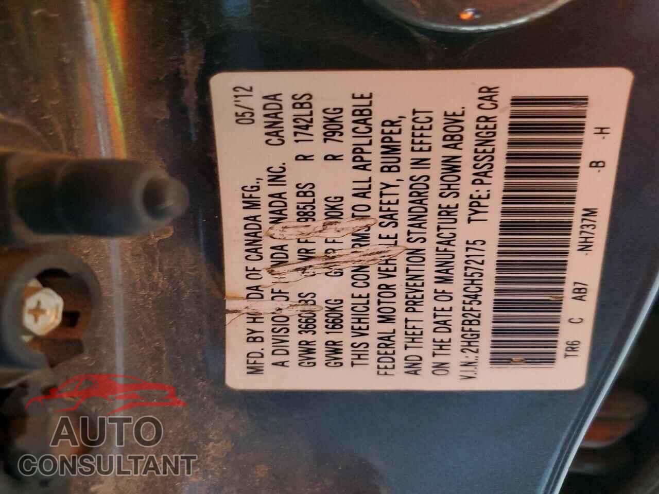 HONDA CIVIC 2012 - 2HGFB2F54CH572175