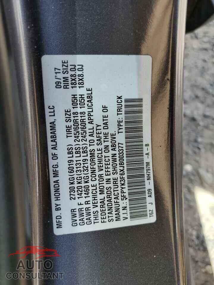 HONDA RIDGELINE 2018 - 5FPYK3F6XJB003377