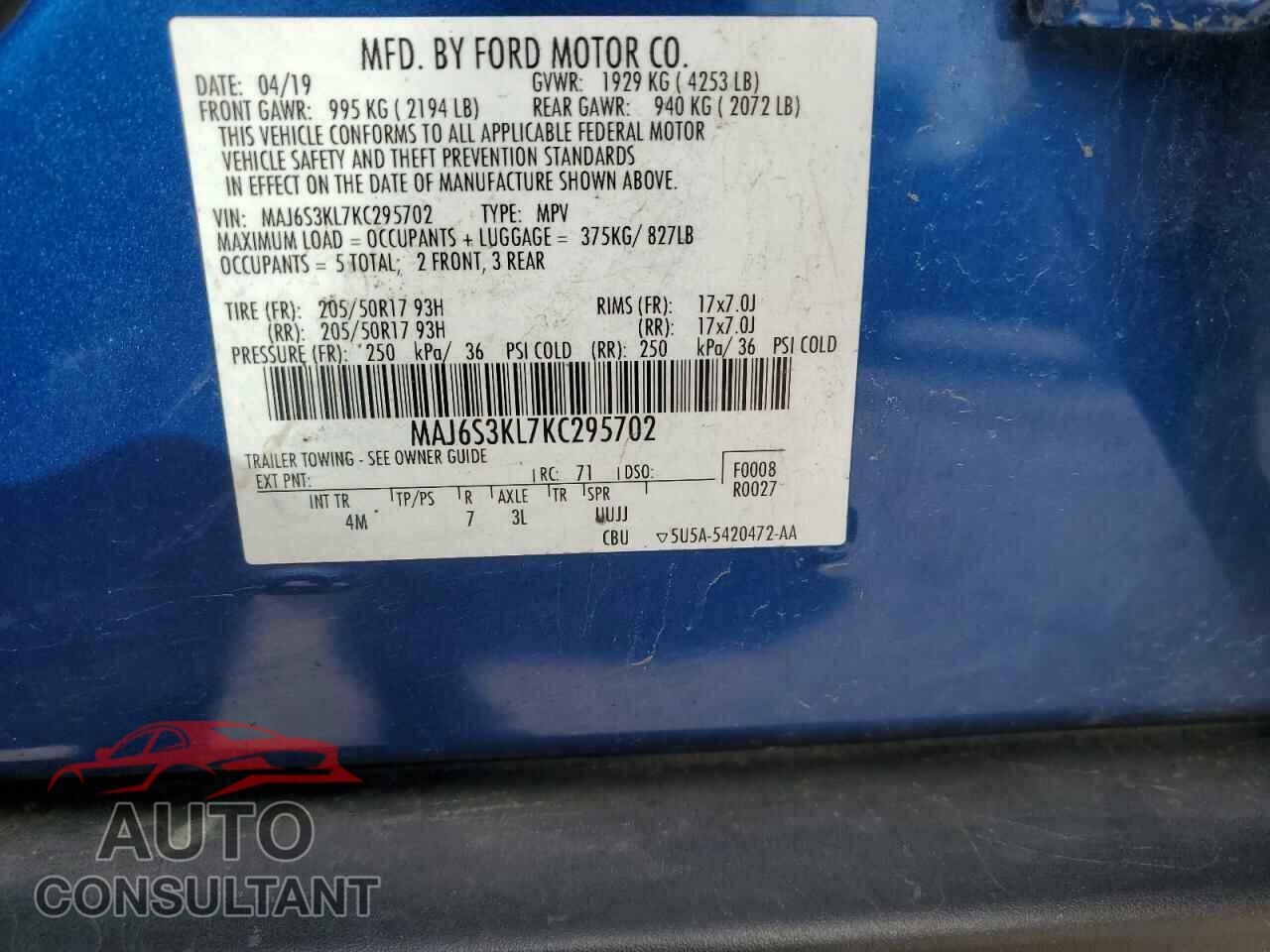 FORD ECOSPORT 2019 - MAJ6S3KL7KC295702