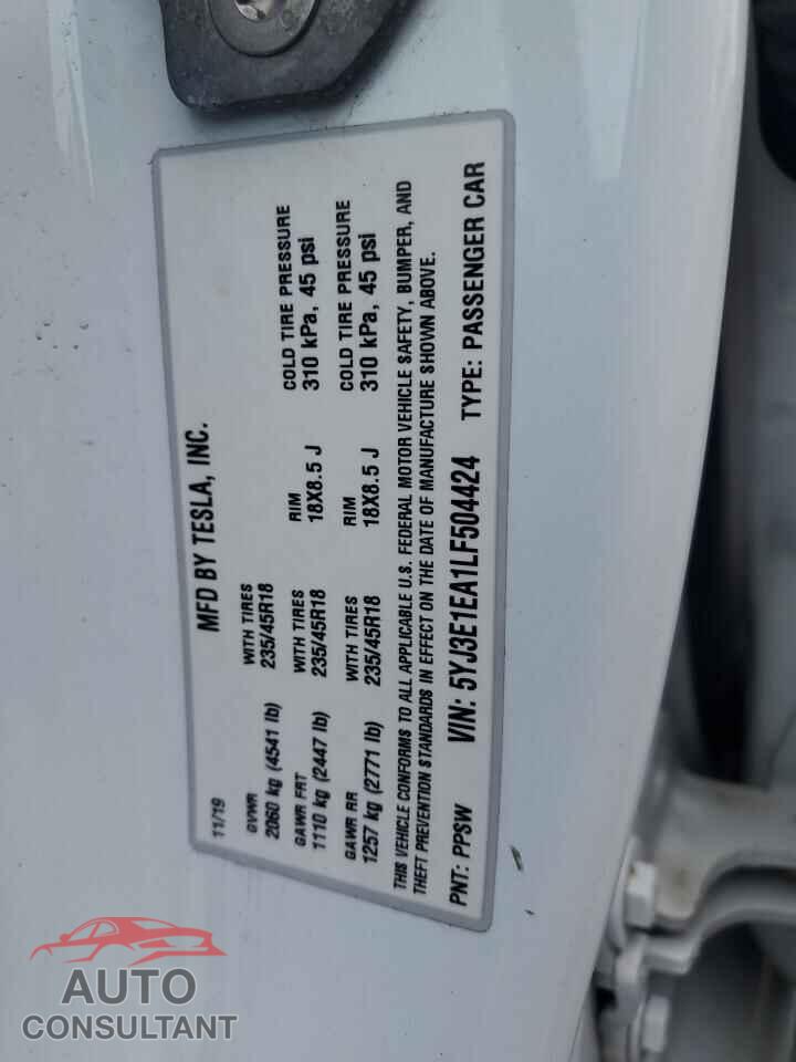 TESLA MODEL 3 2020 - 5YJ3E1EA1LF504424