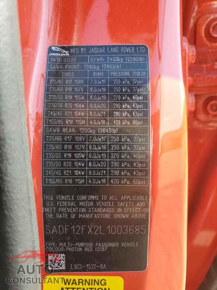 JAGUAR ETYPE 2020 - SADF12FX2L1003685