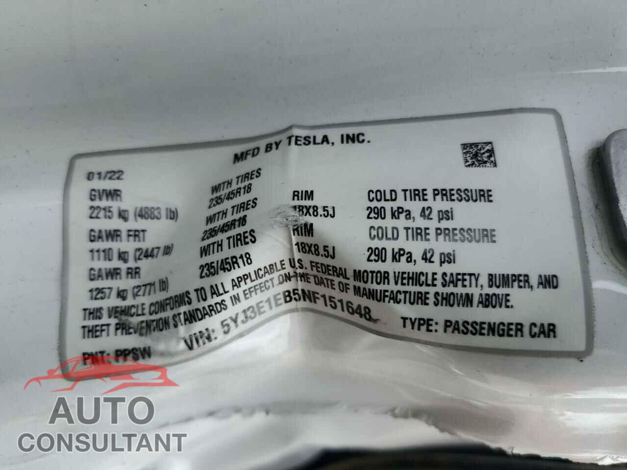 TESLA MODEL 3 2022 - 5YJ3E1EB5NF151648