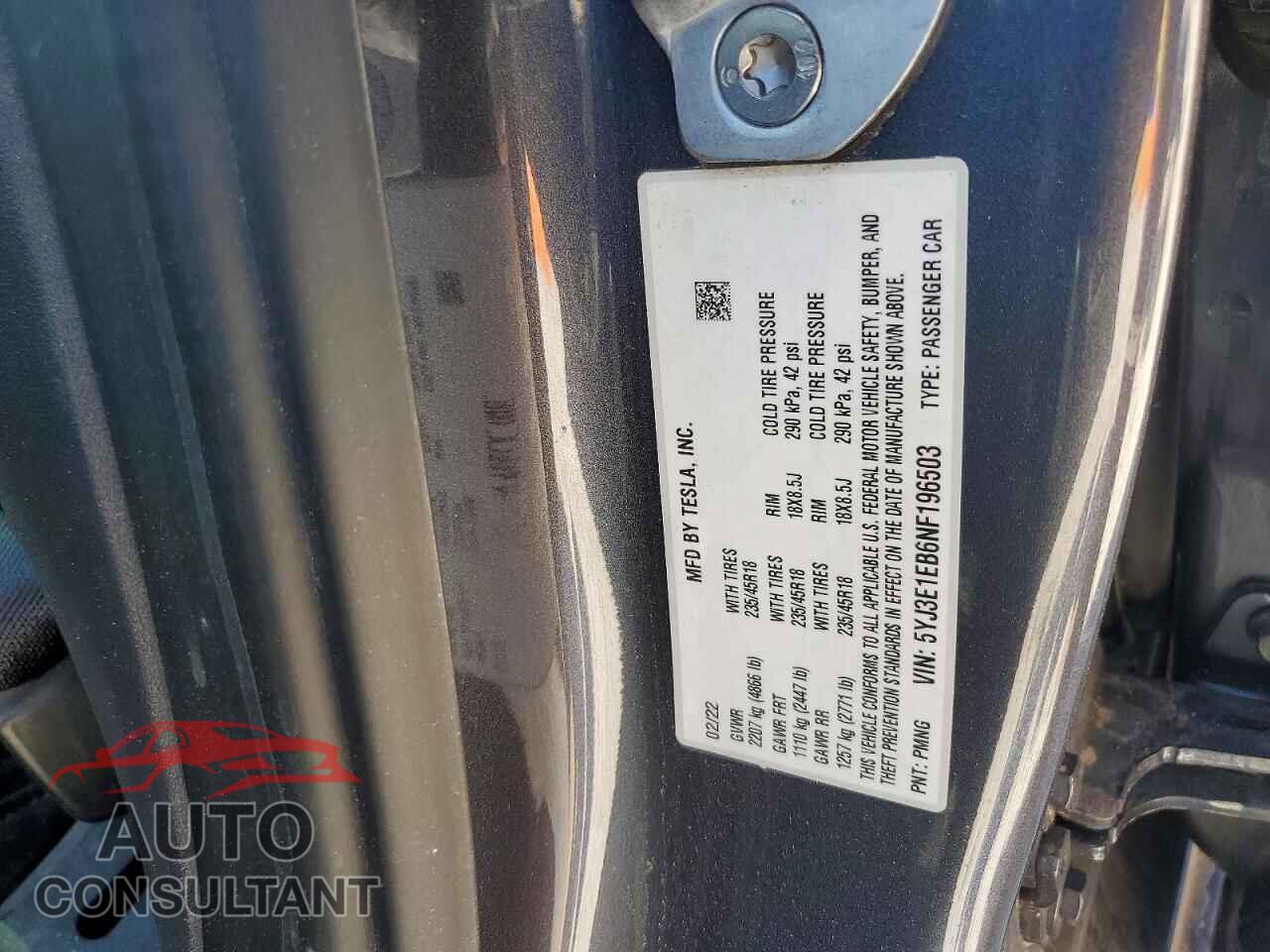TESLA MODEL 3 2022 - 5YJ3E1EB6NF196503