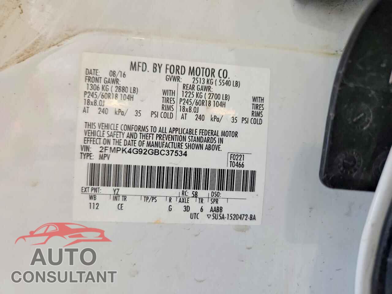 FORD EDGE 2016 - 2FMPK4G92GBC37534