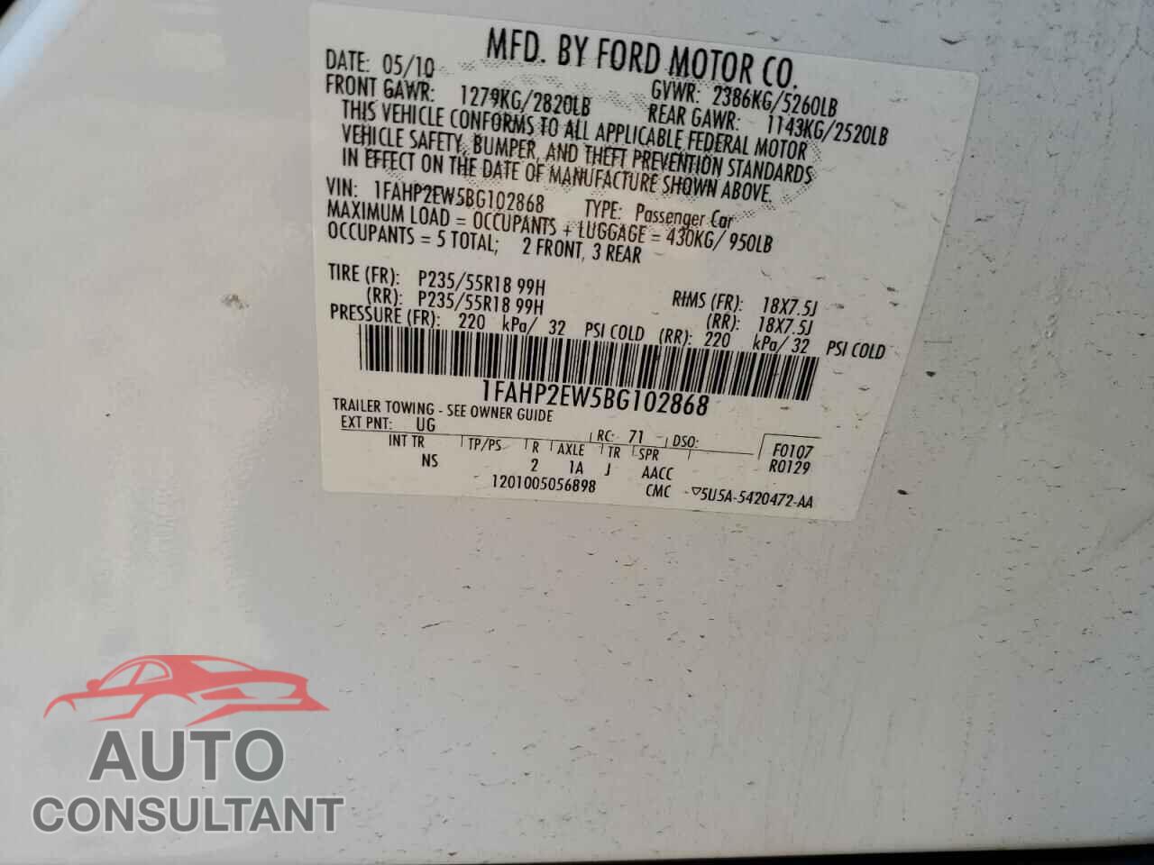FORD TAURUS 2011 - 1FAHP2EW5BG102868