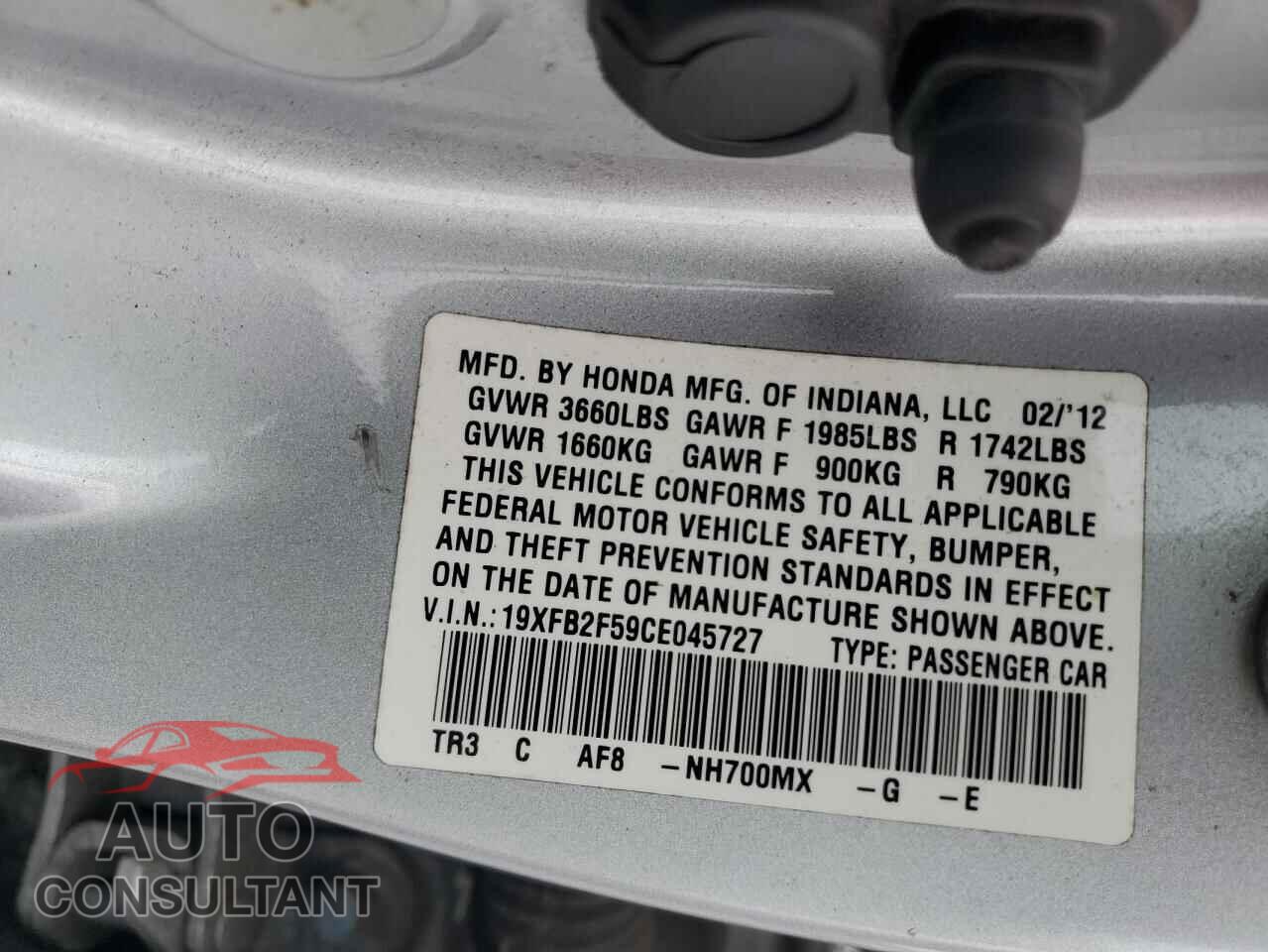 HONDA CIVIC 2012 - 19XFB2F59CE045727