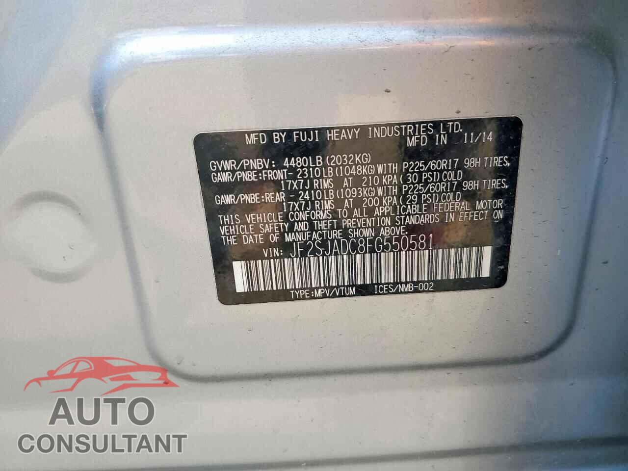 SUBARU FORESTER 2015 - JF2SJADC8FG550581
