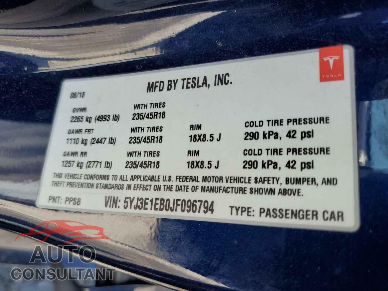 TESLA MODEL 3 2018 - 5YJ3E1EB0JF096794
