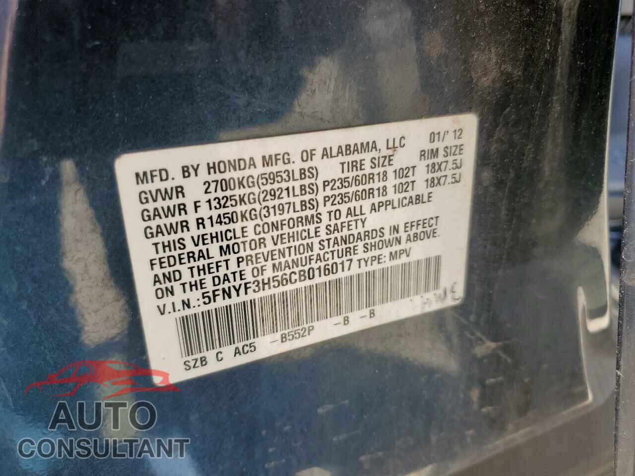 HONDA PILOT 2012 - 5FNYF3H56CB016017