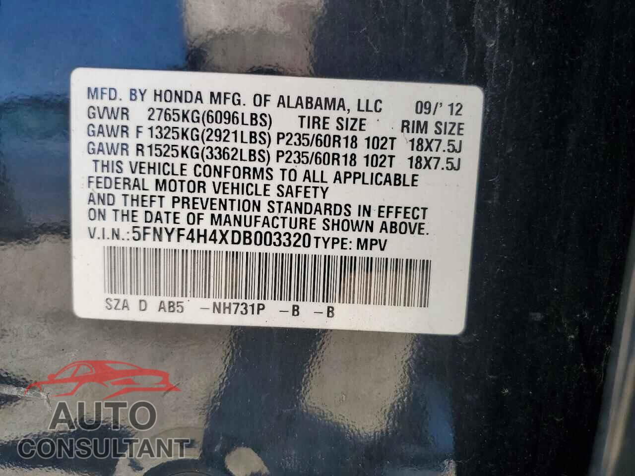 HONDA PILOT 2013 - 5FNYF4H4XDB003320