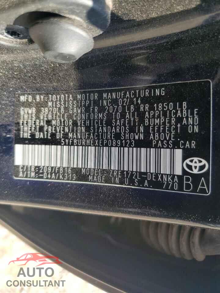 TOYOTA COROLLA 2014 - 5YFBURHEXEP089123