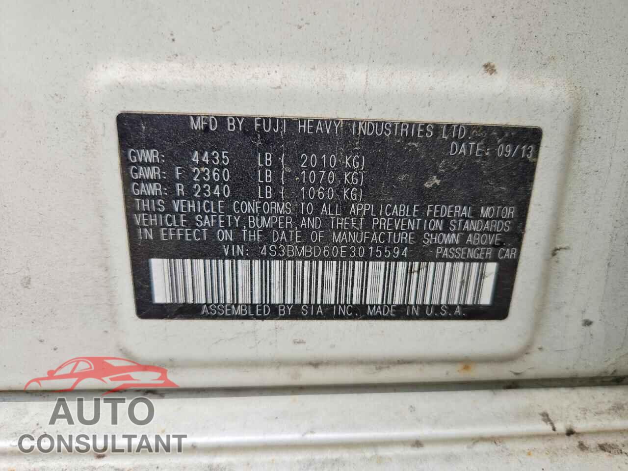 SUBARU LEGACY 2014 - 4S3BMBD60E3015594