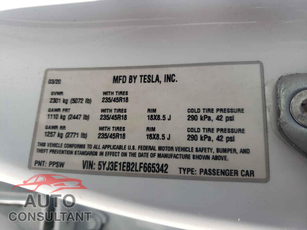 TESLA MODEL 3 2020 - 5YJ3E1EB2LF665342