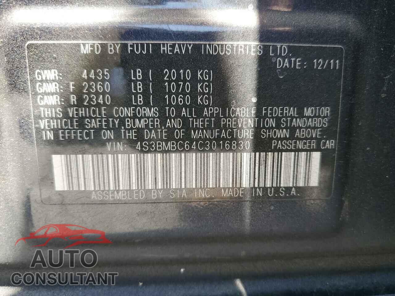 SUBARU LEGACY 2012 - 4S3BMBC64C3016830