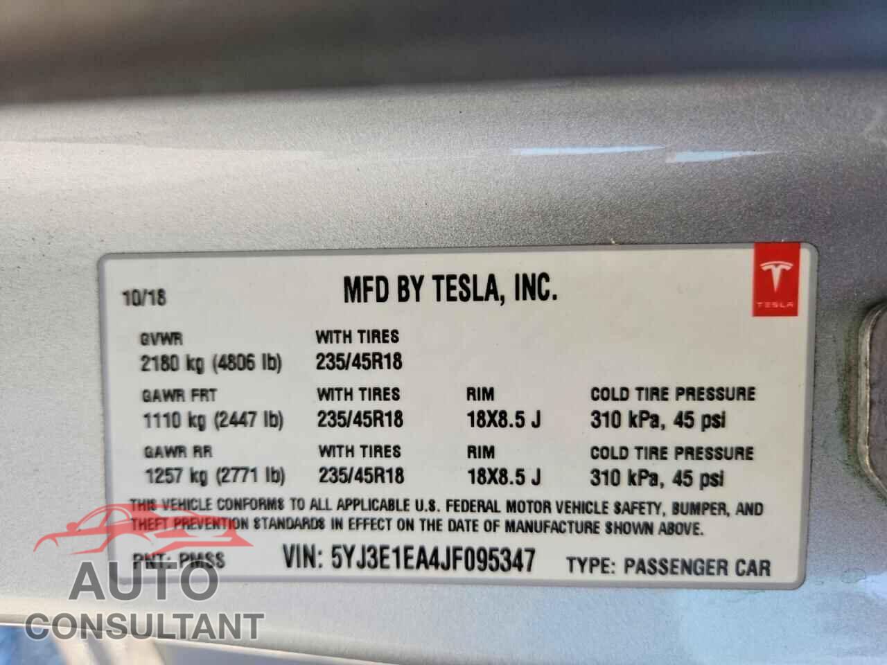 TESLA MODEL 3 2018 - 5YJ3E1EA4JF095347