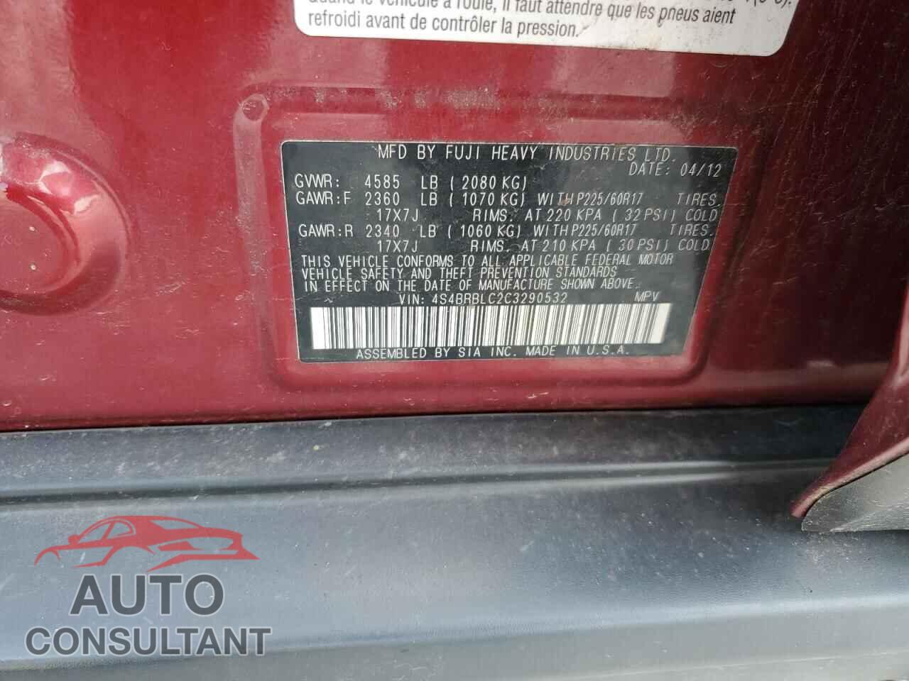 SUBARU OUTBACK 2012 - 4S4BRBLC2C3290532