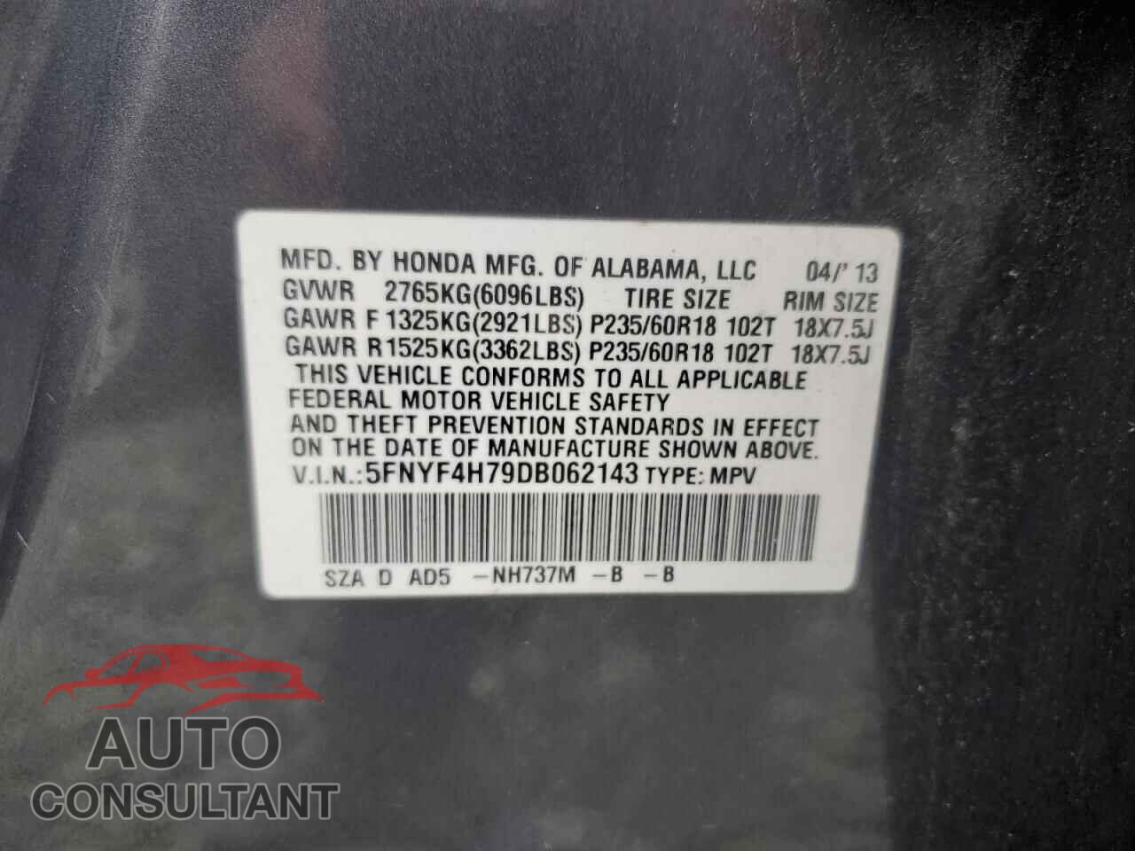 HONDA PILOT 2013 - 5FNYF4H79DB062143