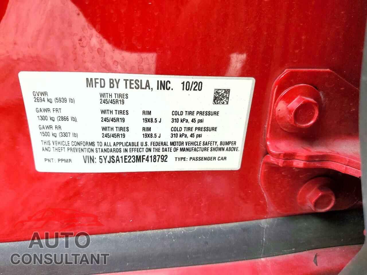 TESLA MODEL S 2021 - 5YJSA1E23MF418792
