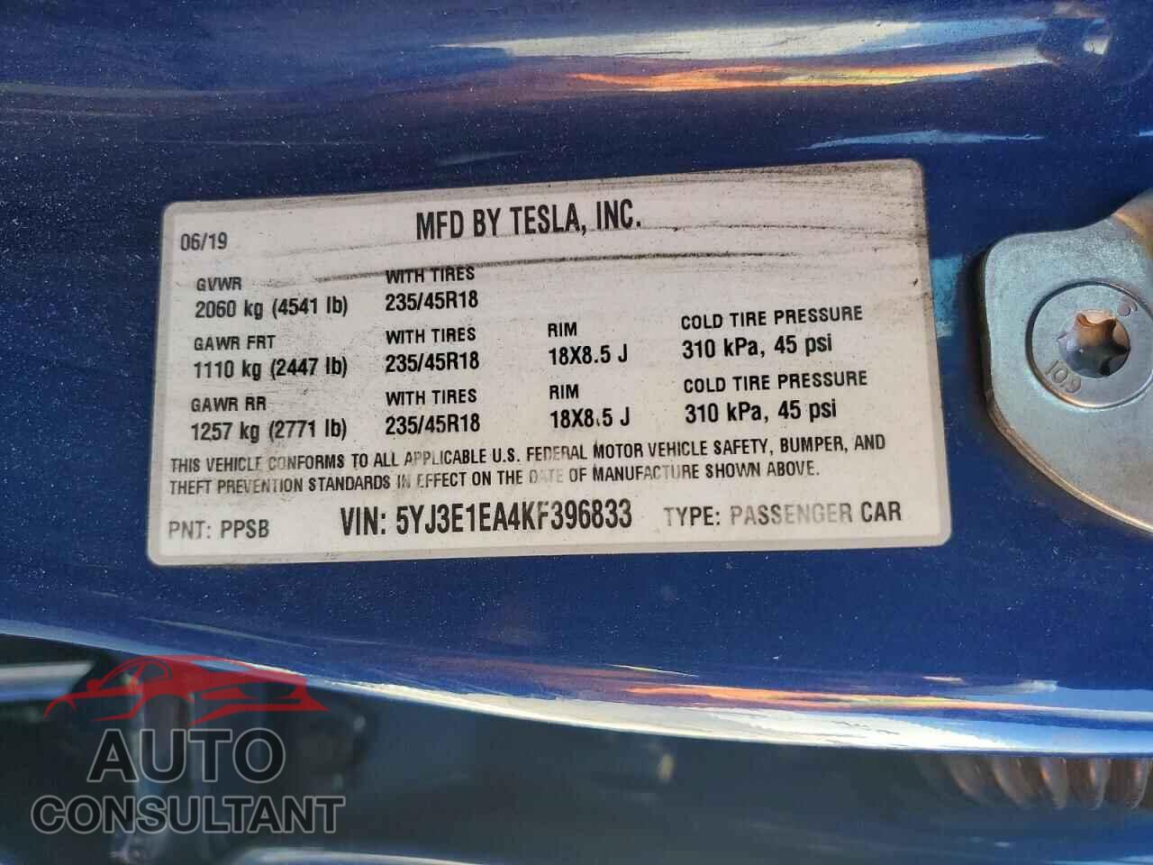 TESLA MODEL 3 2019 - 5YJ3E1EA4KF396833