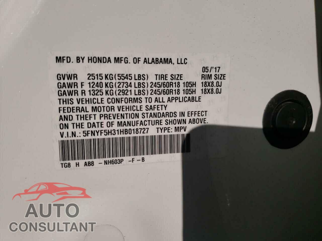 HONDA PILOT 2017 - 5FNYF5H31HB018727