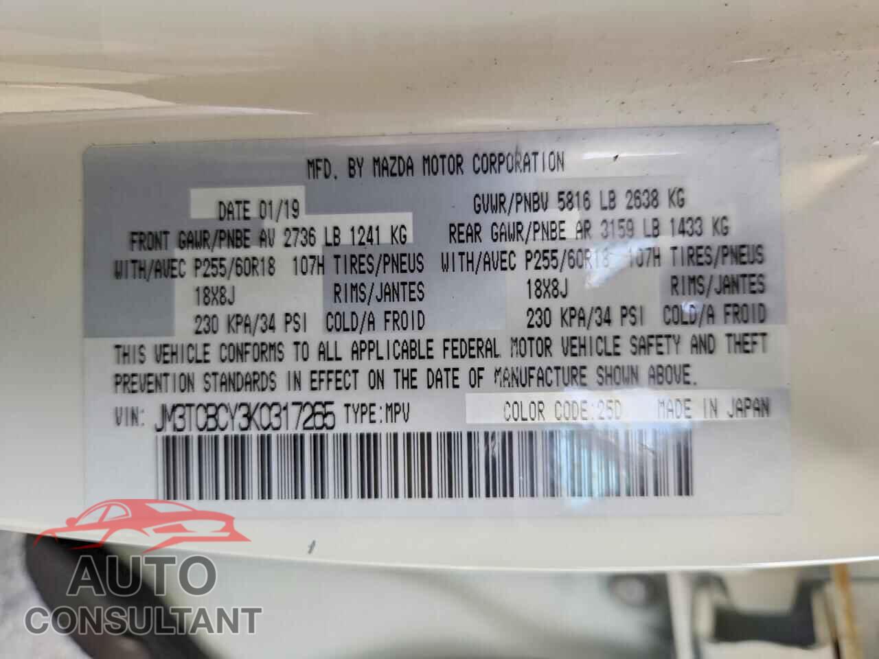 MAZDA CX-9 2019 - JM3TCBCY3K0317265