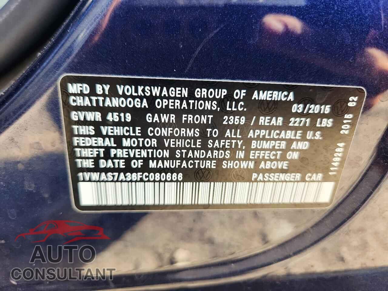VOLKSWAGEN PASSAT 2015 - 1VWAS7A36FC080666