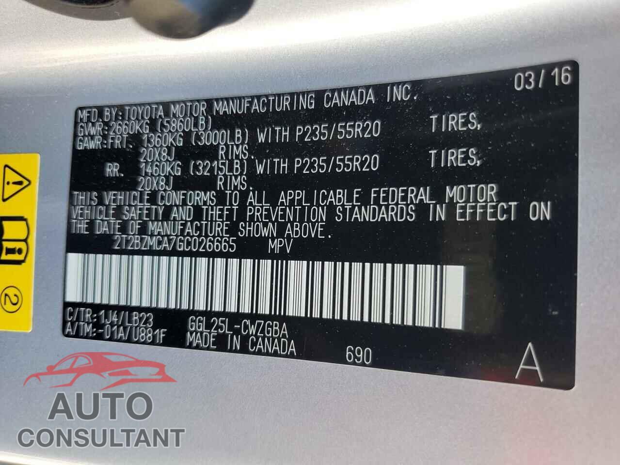 LEXUS RX350 2016 - 2T2BZMCA7GC026665