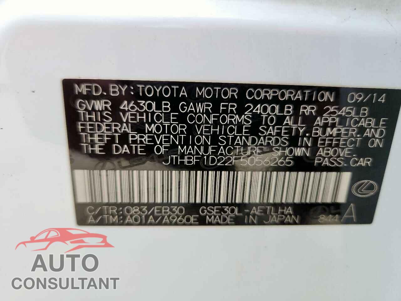 LEXUS IS 2015 - JTHBF1D22F5056265