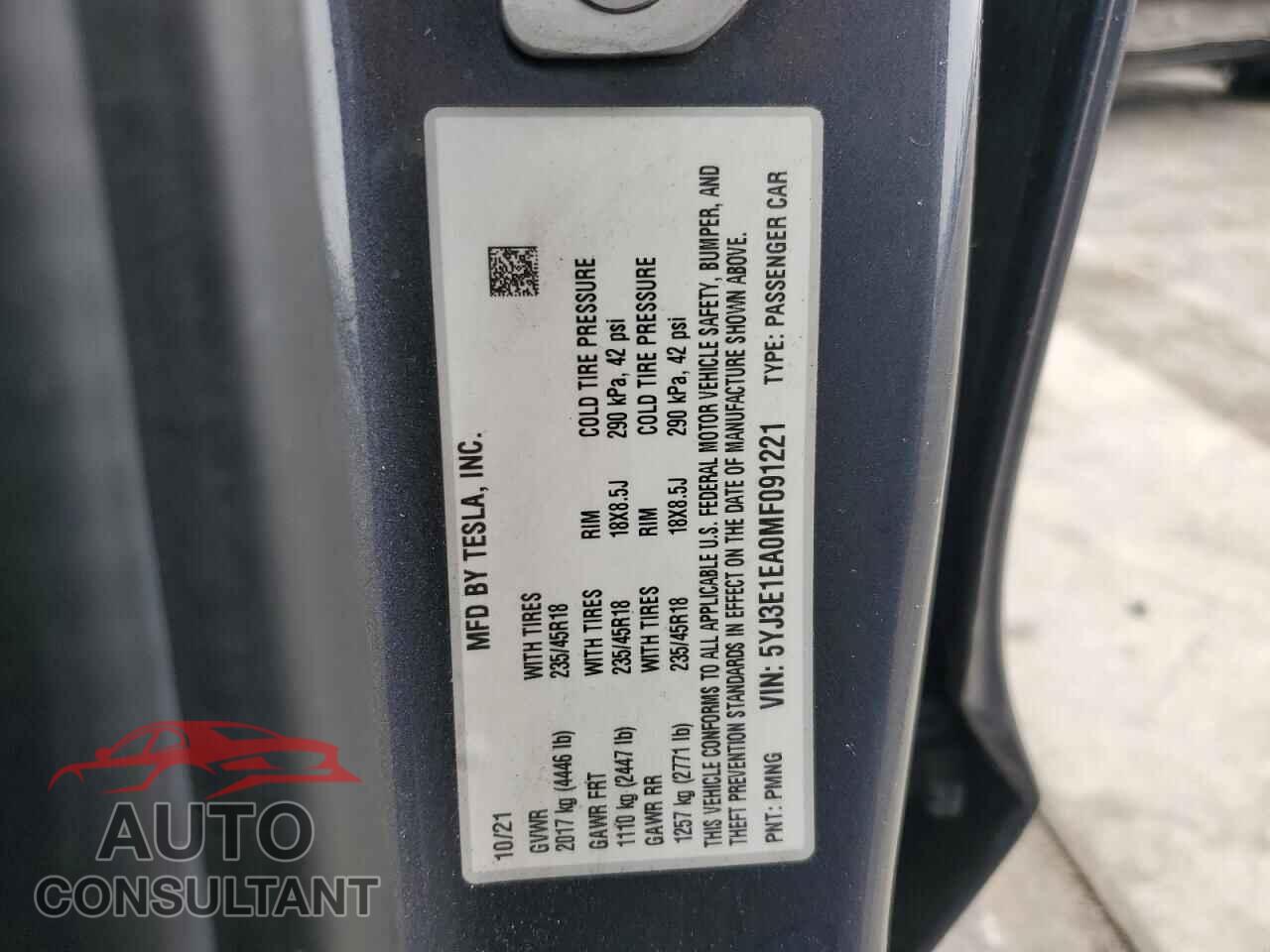TESLA MODEL 3 2021 - 5YJ3E1EA0MF091221