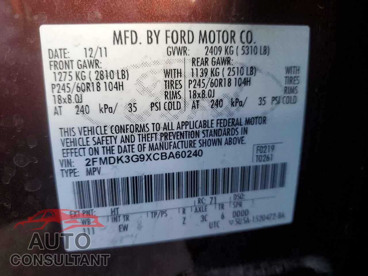 FORD EDGE 2012 - 2FMDK3G9XCBA60240