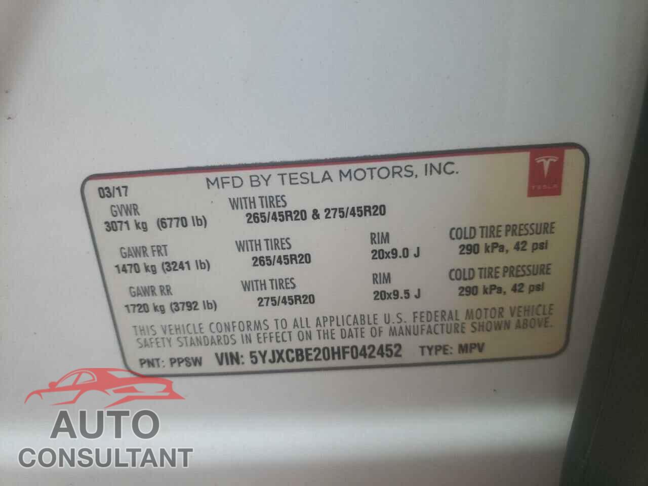 TESLA MODEL X 2017 - 5YJXCBE20HF042452