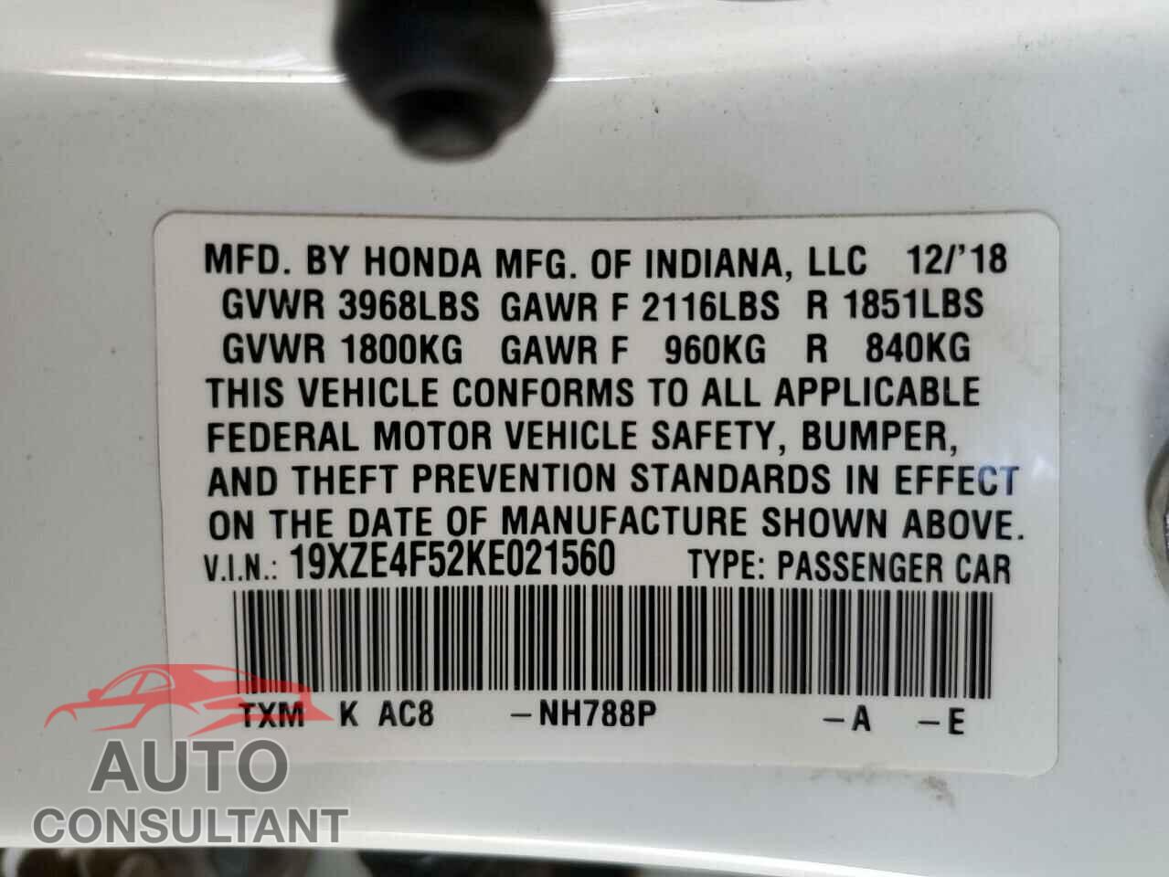 HONDA INSIGHT 2019 - 19XZE4F52KE021560