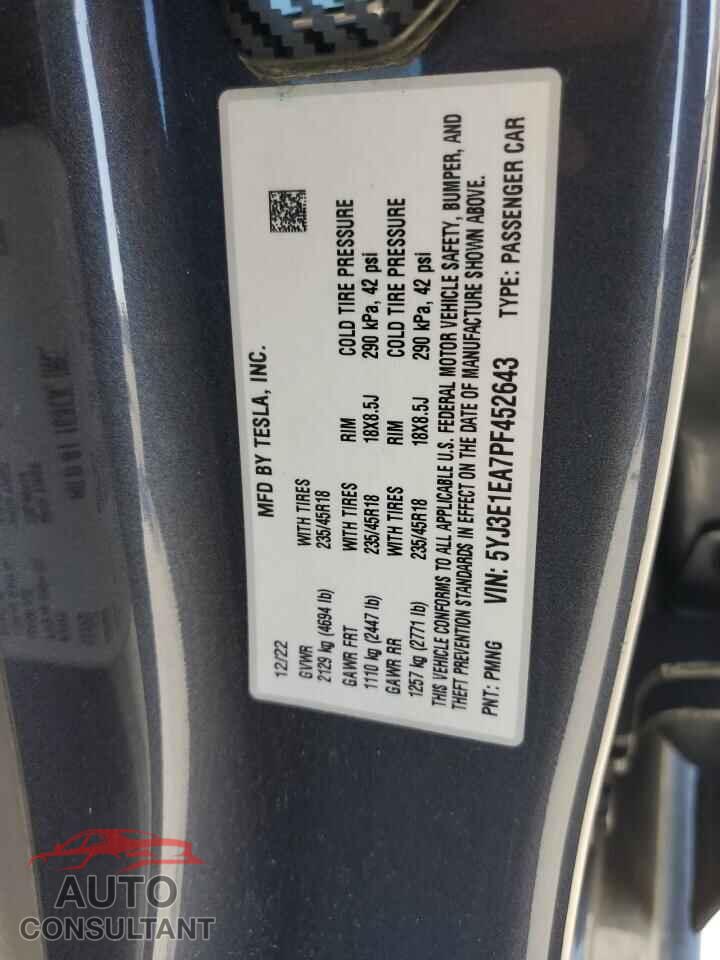 TESLA MODEL 3 2023 - 5YJ3E1EA7PF452643