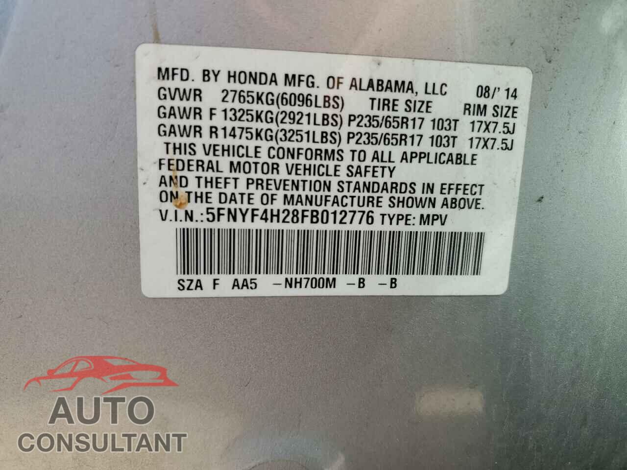 HONDA PILOT 2015 - 5FNYF4H28FB012776