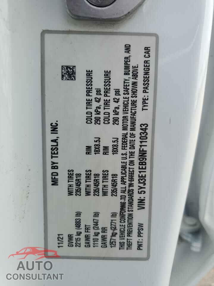 TESLA MODEL 3 2022 - 5YJ3E1EB9NF110343