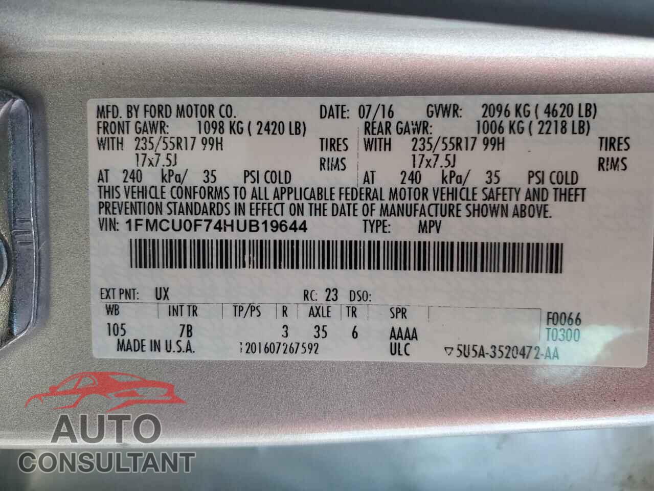 FORD ESCAPE 2017 - 1FMCU0F74HUB19644