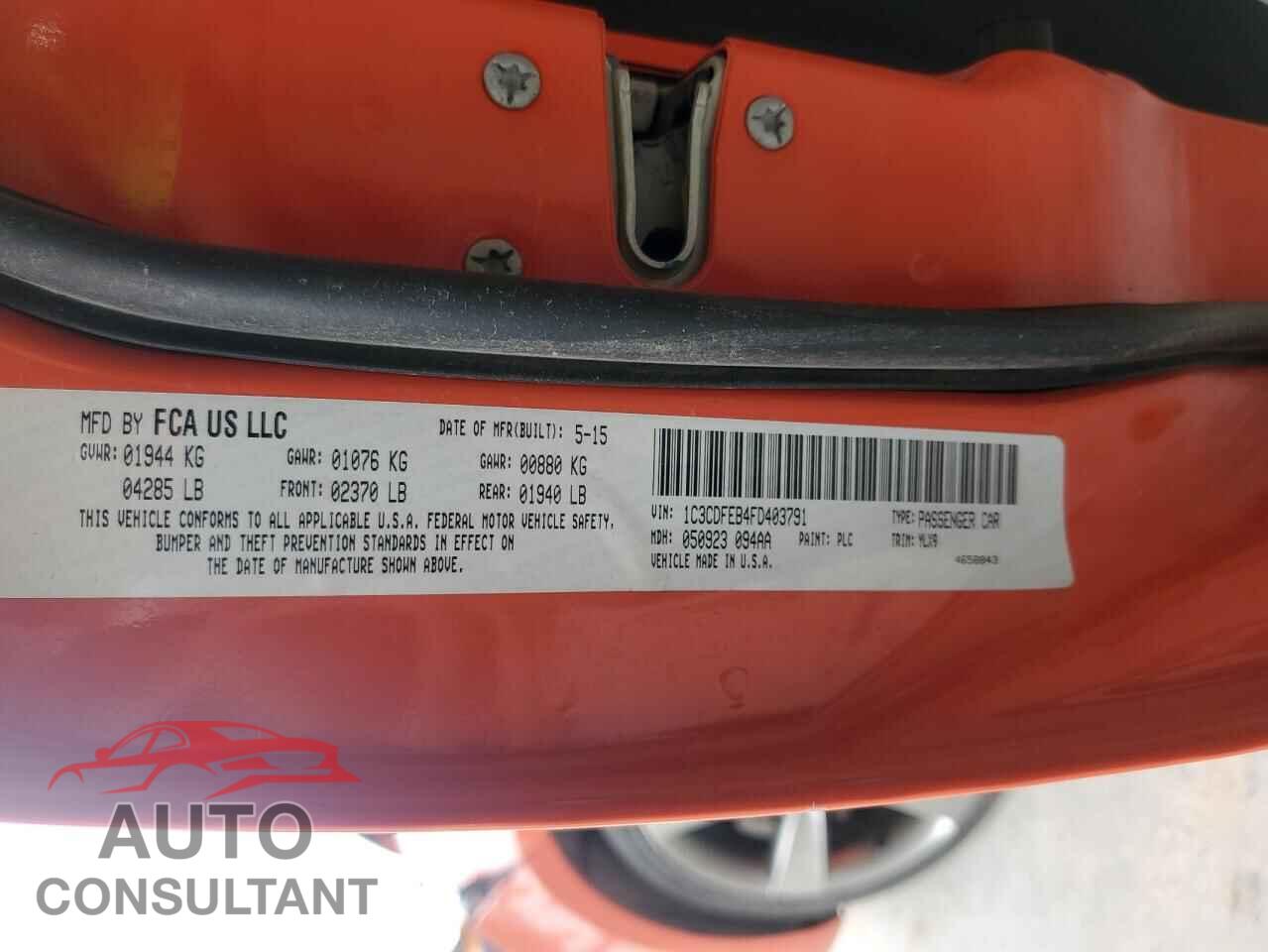 DODGE DART 2015 - 1C3CDFEB4FD403791