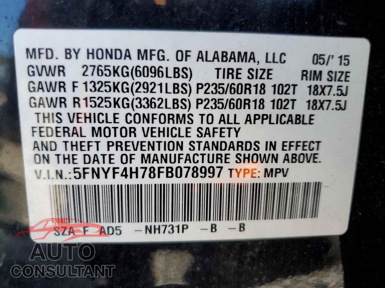 HONDA PILOT 2015 - 5FNYF4H78FB078997