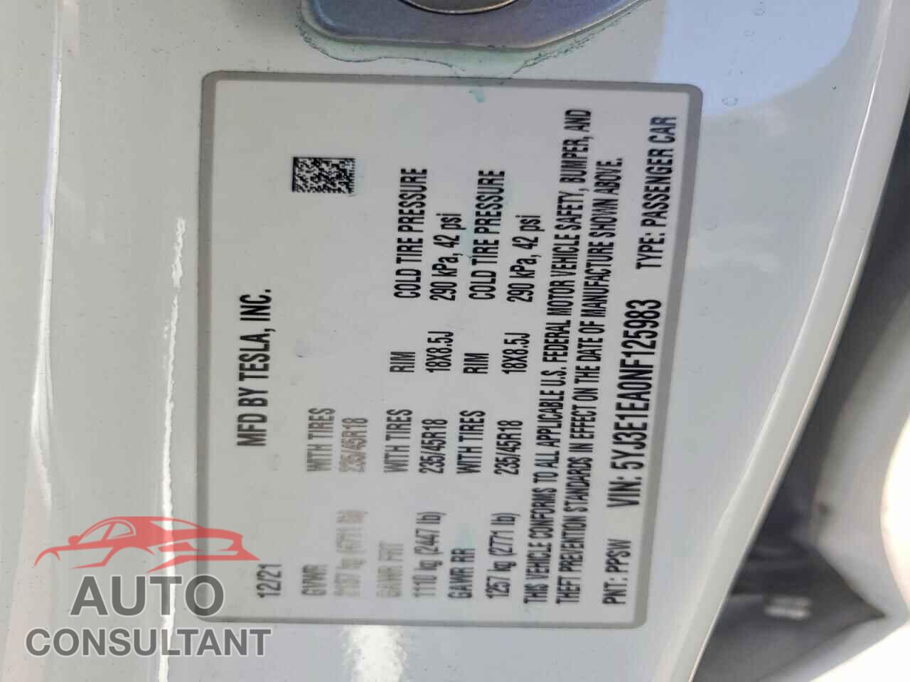 TESLA MODEL 3 2022 - 5YJ3E1EA0NF125983