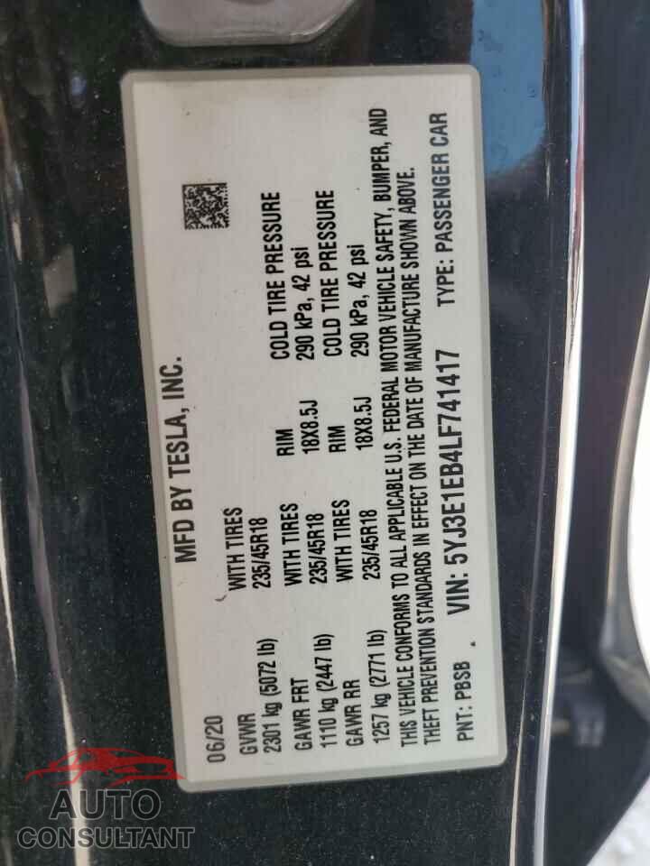 TESLA MODEL 3 2020 - 5YJ3E1EB4LF741417