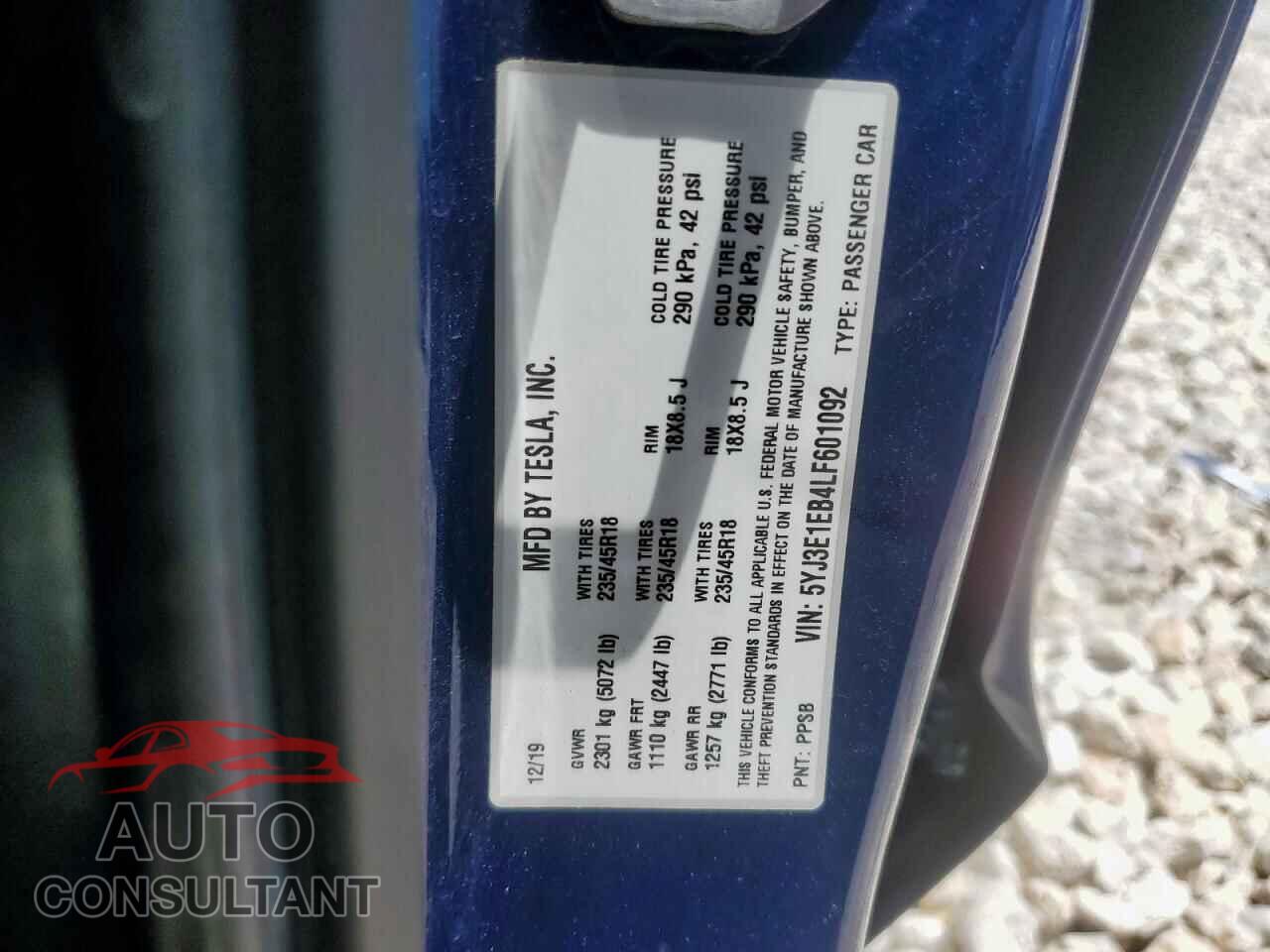 TESLA MODEL 3 2020 - 5YJ3E1EB4LF601092