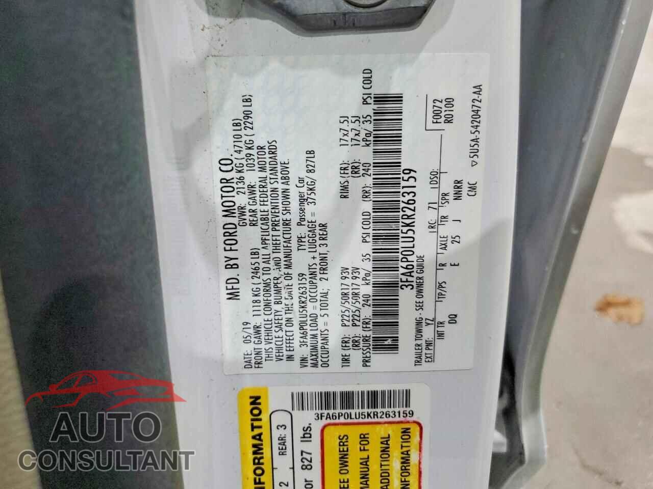 FORD FUSION 2019 - 3FA6P0LU5KR263159