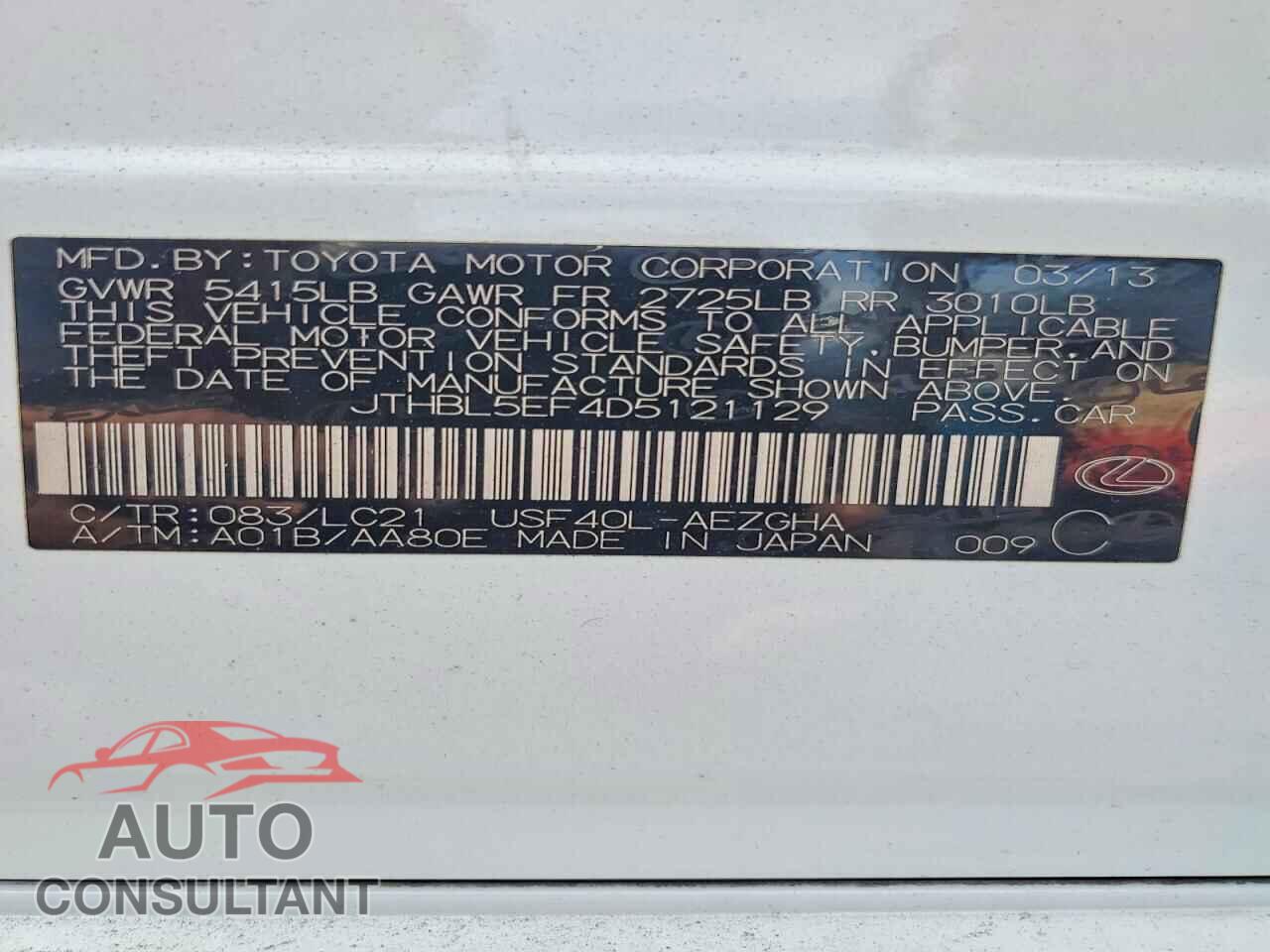 LEXUS LS460 2013 - JTHBL5EF4D5121129