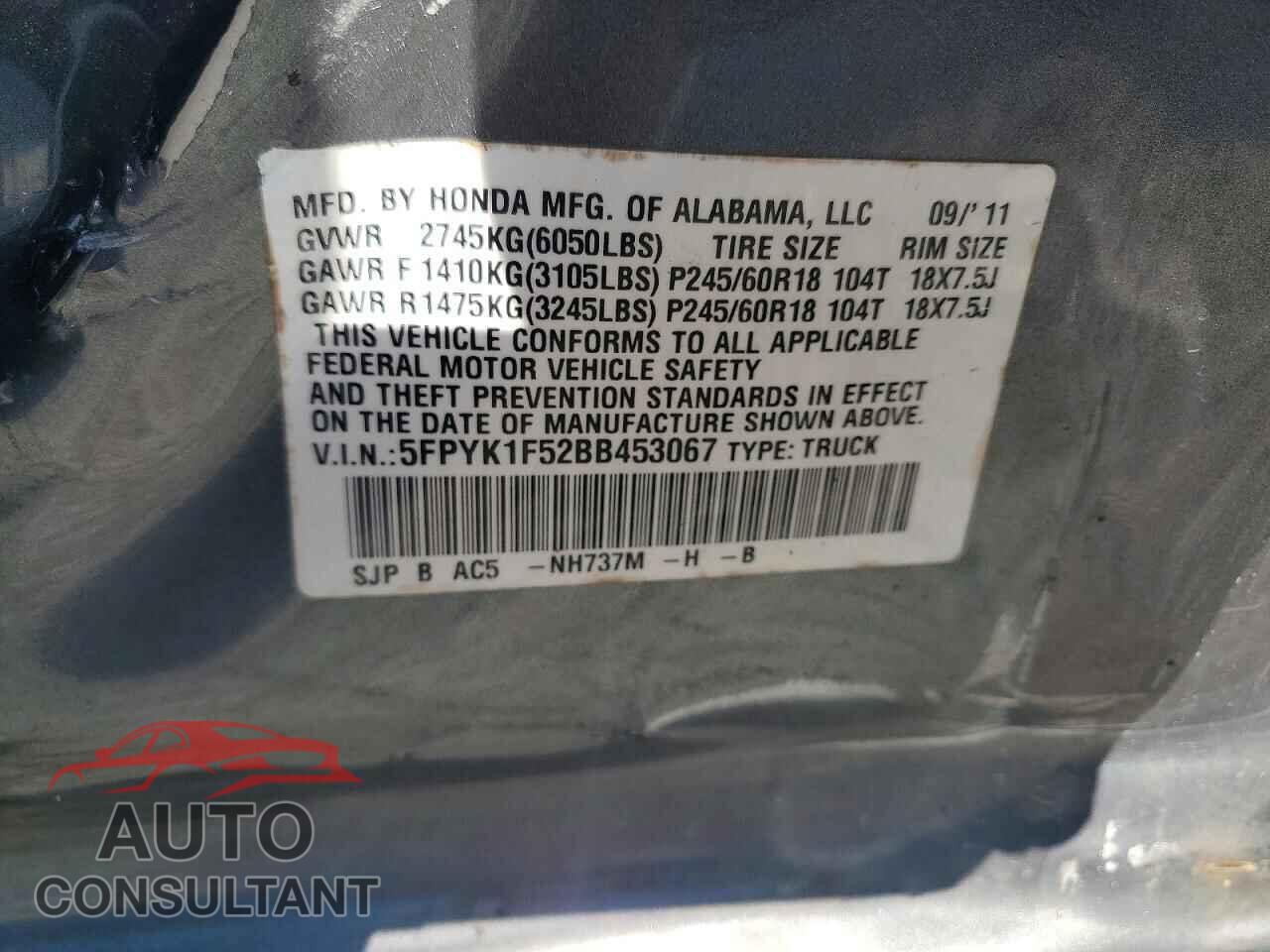 HONDA RIDGELINE 2011 - 5FPYK1F52BB453067